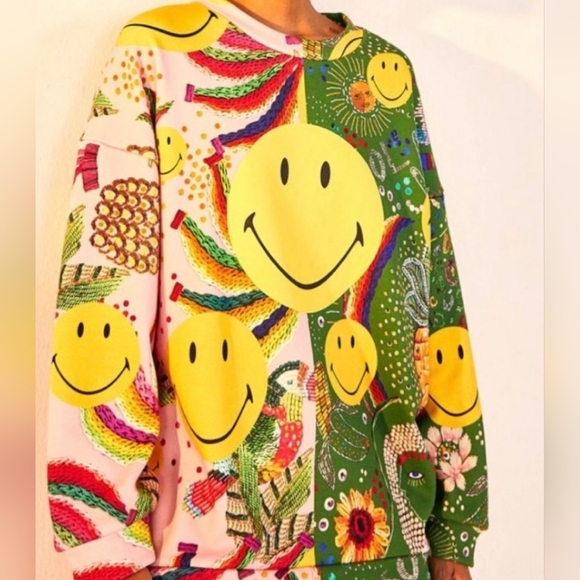 Farm Rio Smiley Face Patchwork Sweatshirt - Picture 1 of 4